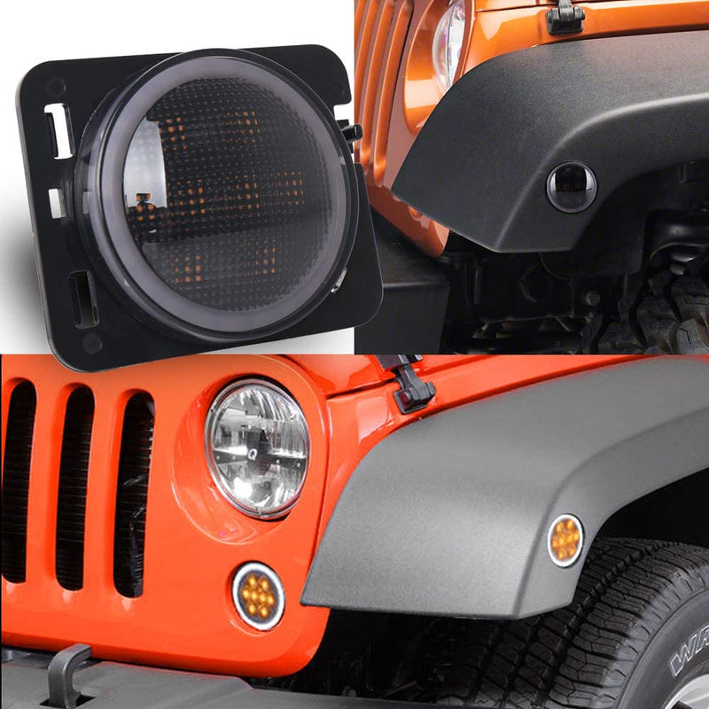 Smoke Lens Yellow LED Front Replacement Turn Signal Light & Fender Side Marker Light Assembly for 2014-2018 Jeep Wrangler JK JKU